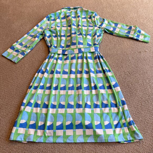 J McLaughlin Brynn Shirt Dress Lyford Jersey Preppy Geometric Print Aqua LARGE - Picture 12 of 16